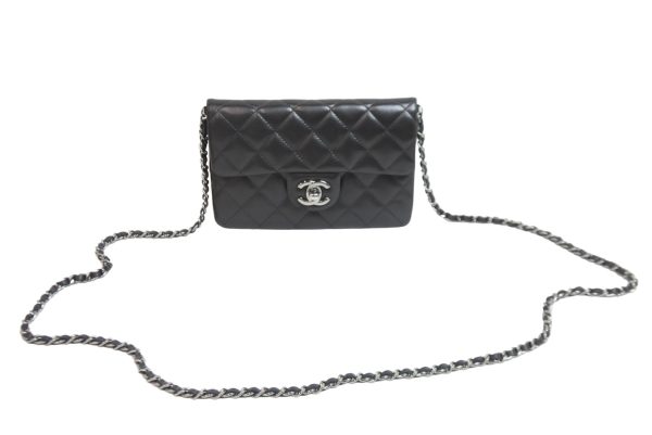 51773 d1 Chanel Mini Matelasse Chain Shoulder Bag Lambskin Black Coco Mark Silver Hardware