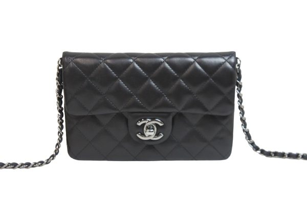 51773 d2 Chanel Mini Matelasse Chain Shoulder Bag Lambskin Black Coco Mark Silver Hardware