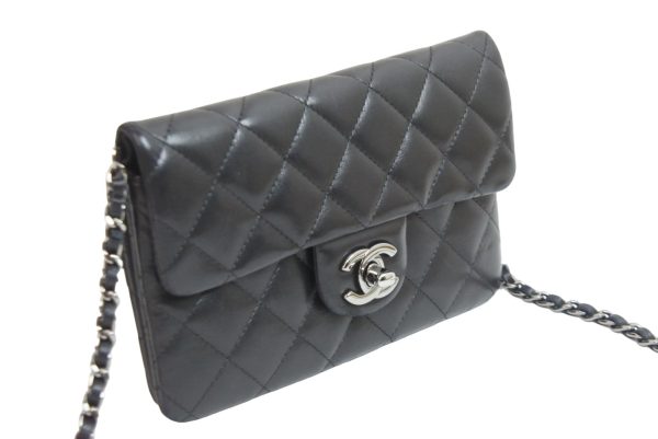 51773 d4 Chanel Mini Matelasse Chain Shoulder Bag Lambskin Black Coco Mark Silver Hardware