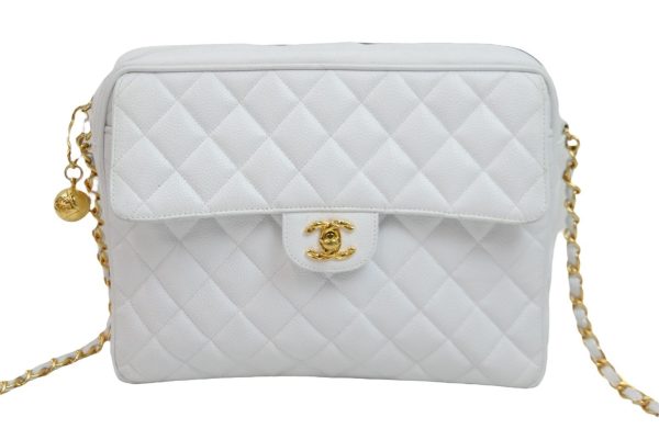 52363 d2 Chanel Chain Shoulder Bag Caviar Skin White Gold