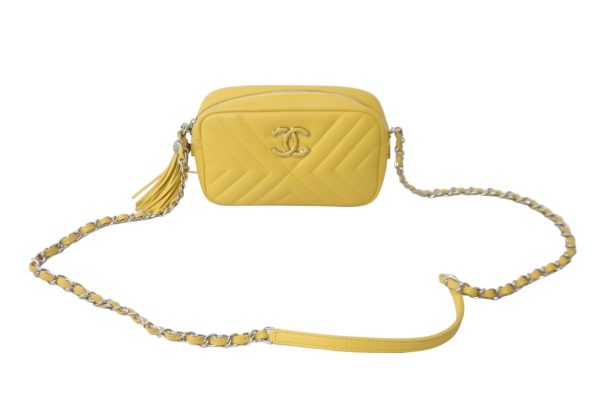 55646 d1 Chanel Leather Chain Shoulder Bag Tassel Yellow Coco Mark Silver Hardware