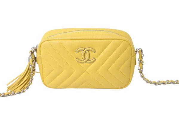 55646 d2 Chanel Leather Chain Shoulder Bag Tassel Yellow Coco Mark Silver Hardware