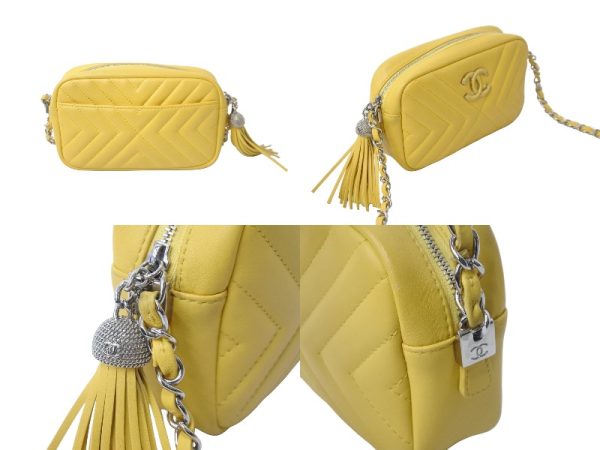 55646 d3 Chanel Leather Chain Shoulder Bag Tassel Yellow Coco Mark Silver Hardware