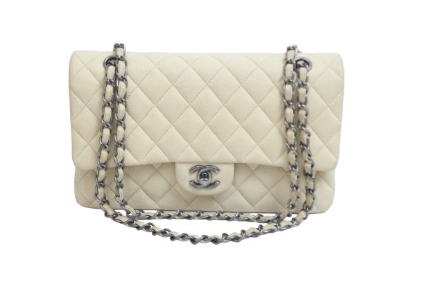 55803 d1 Chanel W Flap Matelasse Shoulder Bag Beige Soft Caviar Silver Hardware