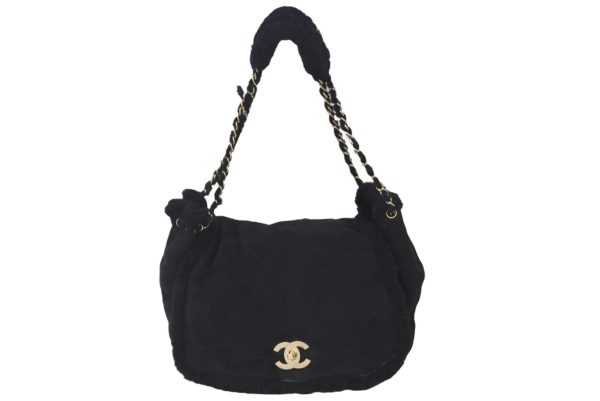 57824 d1 Chanel Handbag Double Chain Coco Mark Black Shearling Gold Hardware