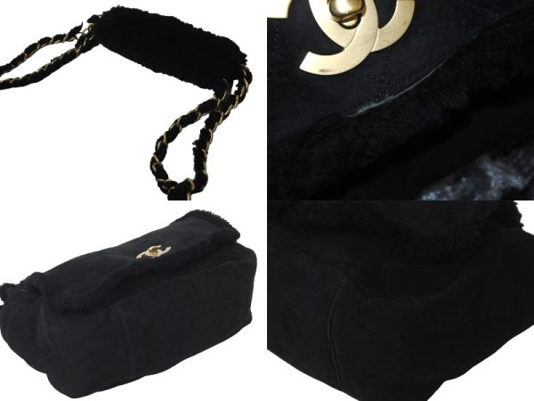 57824 d8 Chanel Handbag Double Chain Coco Mark Black Shearling Gold Hardware