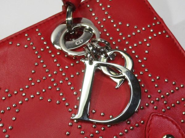 6 Christian Dior Cannage Studded Shoulder Bag Handbag Leather Red