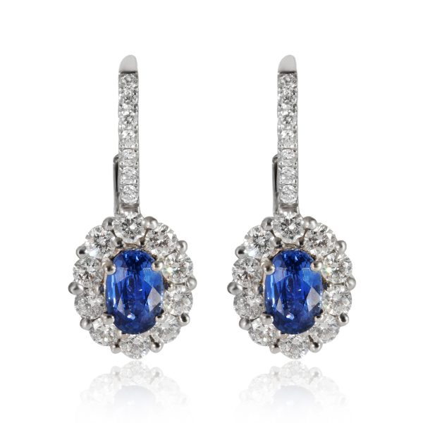 Diamond Sapphires Halo Lever Back Drop Earrings in 18K White Gold 180 CTW Diamond Sapphires Halo Lever Back Drop Earrings in 18K White Gold 180 CTW