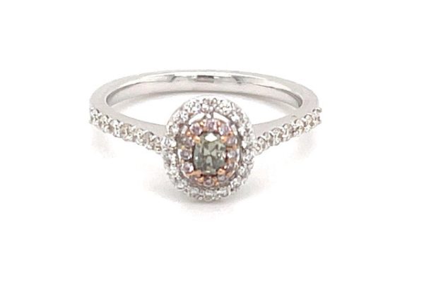 Green Green Pink White Diamond Halo Engagement Ring in 18K White Gold 053 Ctw