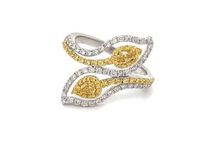 Fancy Yellow White Diamond Leaf Shape Bypass Ring in 18K White Gold Chanel Matelasse Leather Shoulder Bag Black