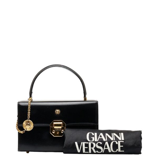 1 0117534 10 Versace Sunburst Gold Hardware Handbag Vanity Bag Black Enamel Leather