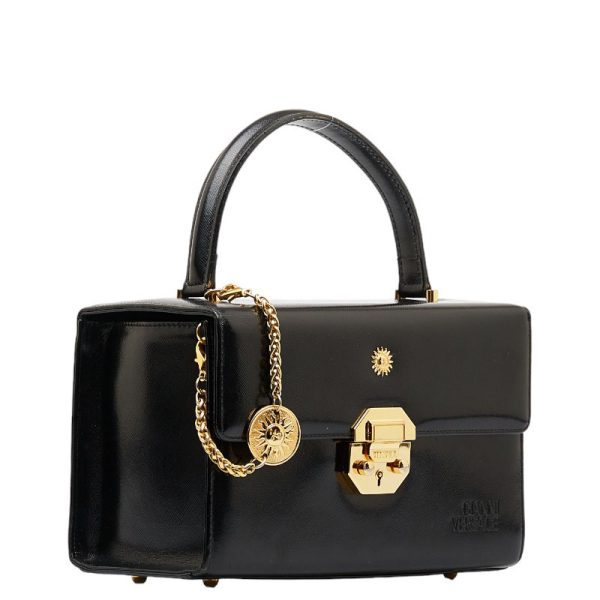 1 0117534 2 Versace Sunburst Gold Hardware Handbag Vanity Bag Black Enamel Leather