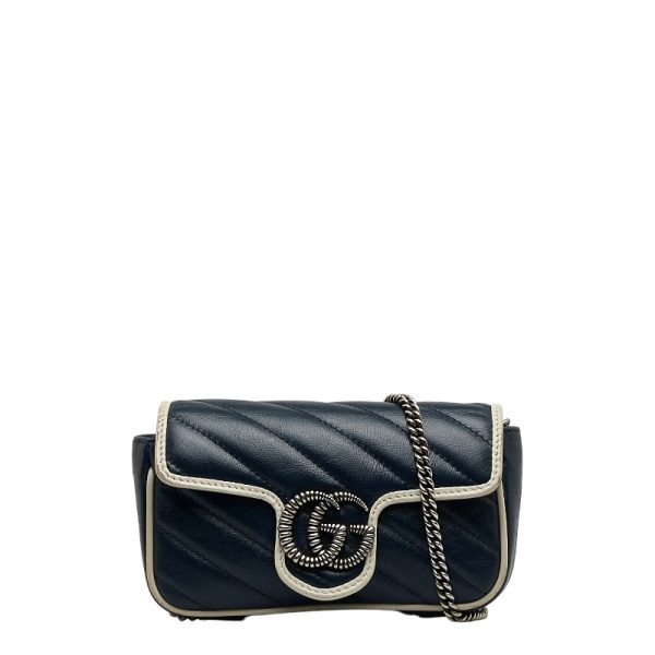 1 0120162 1 Gucci GG Marmont Quilted Mini Chain Shoulder Bag Navy White Leather