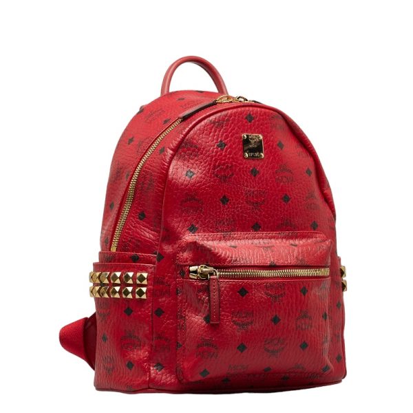 1 0123840 2 MCM Side Studs Gold Hardware Rucksack Backpack Red PVC Leather