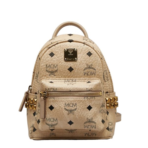 1 0128586 1 MCM Visetos Logogram Studded Mini Rucksack Backpack Beige Leather