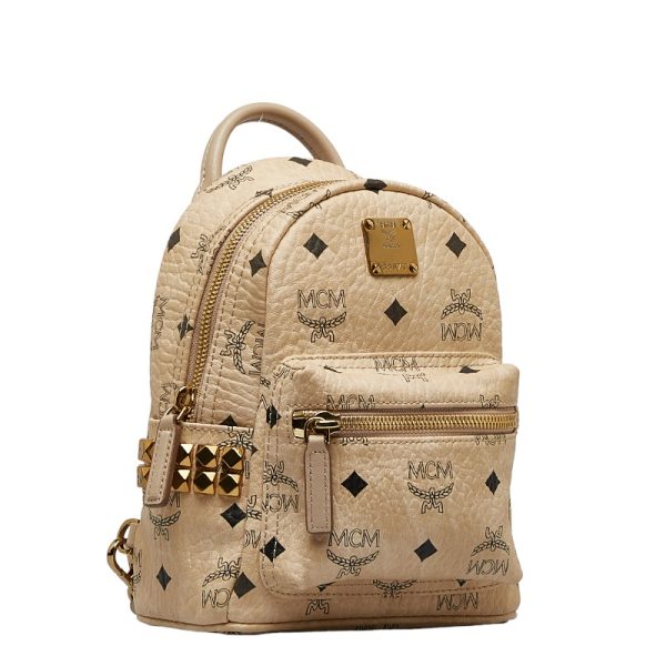 1 0128586 2 MCM Visetos Logogram Studded Mini Rucksack Backpack Beige Leather