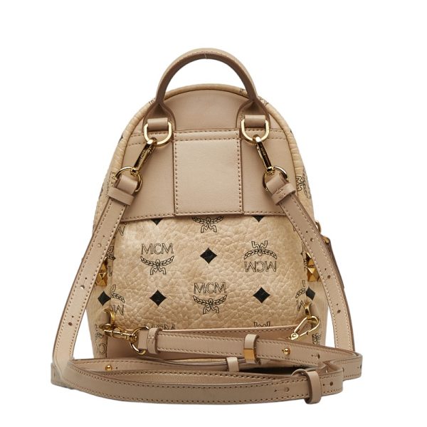 1 0128586 3 MCM Visetos Logogram Studded Mini Rucksack Backpack Beige Leather