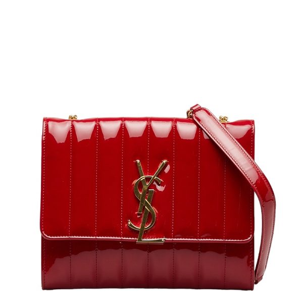 1 0129892 1 Saint Laurent Viki YSL Logo Gold Hardware Chain Wallet Shoulder Bag Red Patent Leather