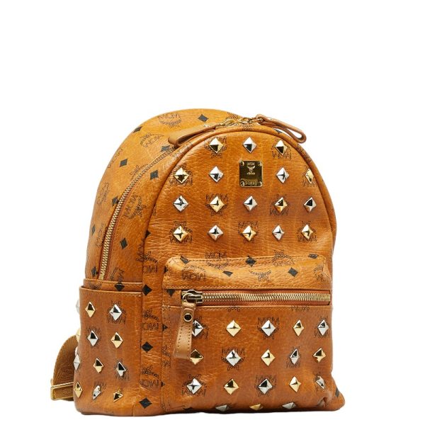 1 0129913 2 MCM Logogram Studded Rucksack Backpack Brown PVC