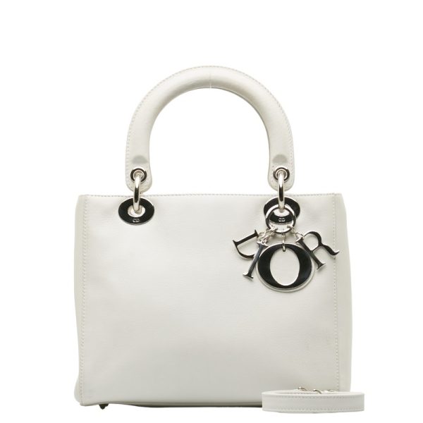 1 0132716 1 Dior Lady Dior Handbag Shoulder Bag 2way White Leather