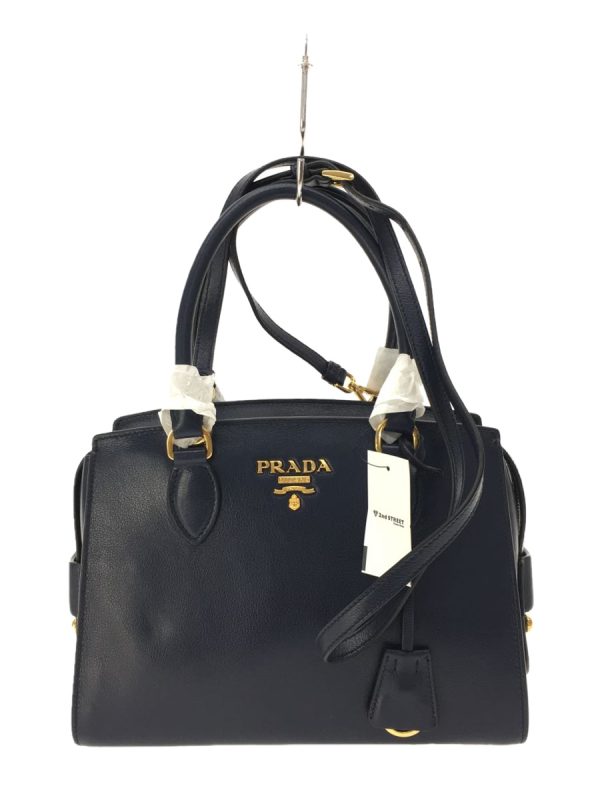 1 Prada Shoulder Bag Leather Handbag Plain Navy Gold