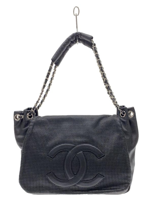 1 Chanel Chain Tote Bag Coco Mark Punching Leather Black