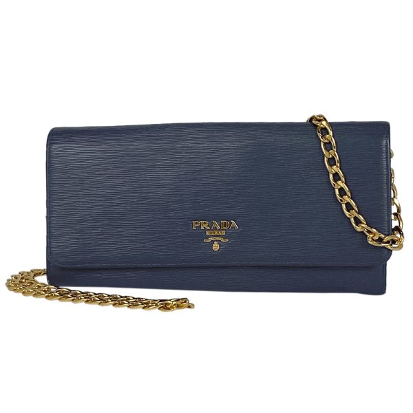 1 Prada Logo Bifold 2way Chain Wallet Shoulder Bag Long Wallet Leather Blue