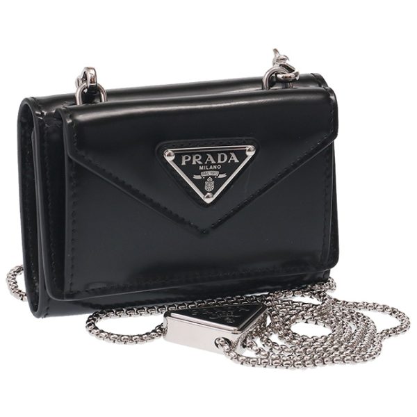 1 Prada Brushed Leather Mini Wallet Card Case Chain Wallet Black