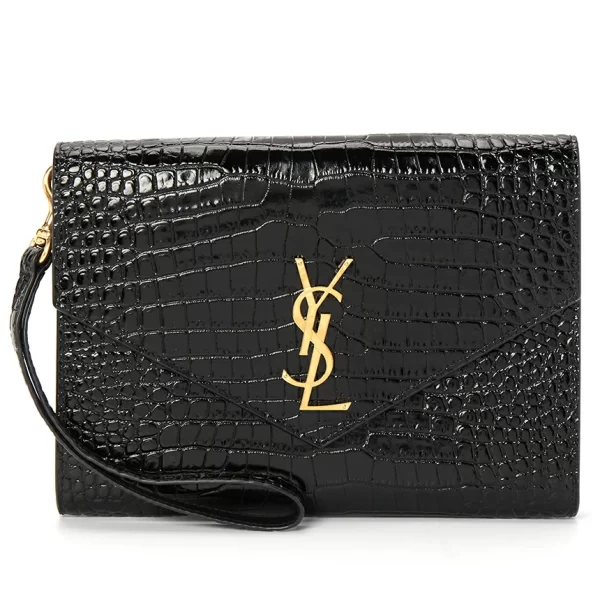 1 Saint Laurent Cassandra Crocodile Clutch Pouch Bag Black