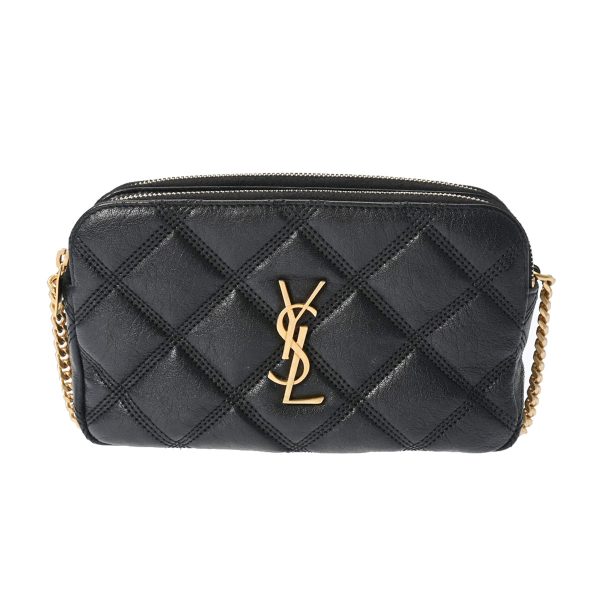 1 Saint Laurent Double Zip Chain Gold Hardware Leather Shoulder Bag Black