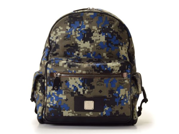 1 MCM Backpack Mosaic Pattern Calf Rucksack Khaki Black