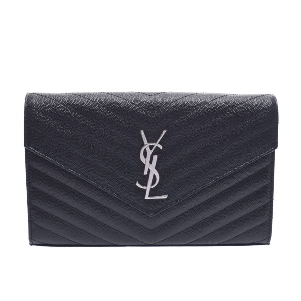 1 Saint Laurent Chain Wallet Silver Hardware Calf Shoulder Bag Black