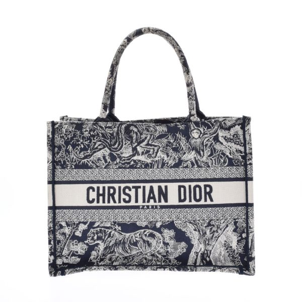 1 Christian Dior Motif Book Tote Small Canvas Handbag Navywhite