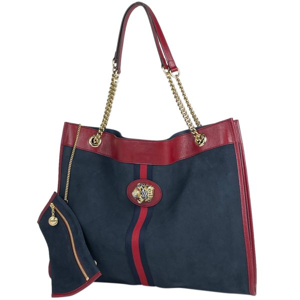 1000058709770 11 Gucci Raja Large Tote Bag Tiger Head Shoulder Chain Sherry Line Suede Navy Red