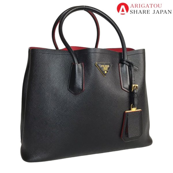 1153 2312e 1 wm Prada Double Tote Bag Leather Shoulder Bag Black Red