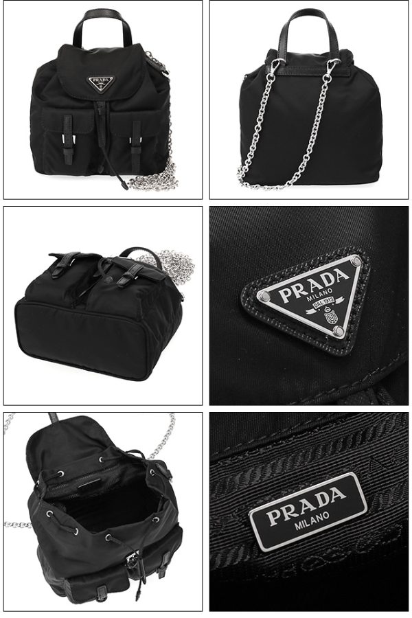 2 Prada Nylon Leather Backpack Crossbody Chain Shoulder Bag Handbag Black