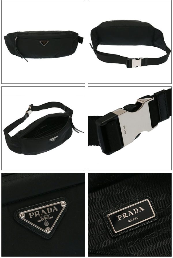 2 Prada Nylon Belt Bag Embossed Leather Waist Bag Body Bag Black