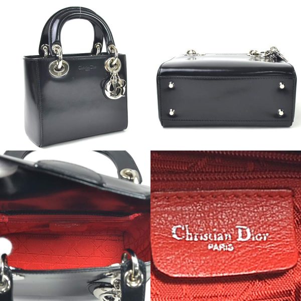 2 Christian Dior Handbag Shoulder Bag 2way Mini Bag Black Leather Silver