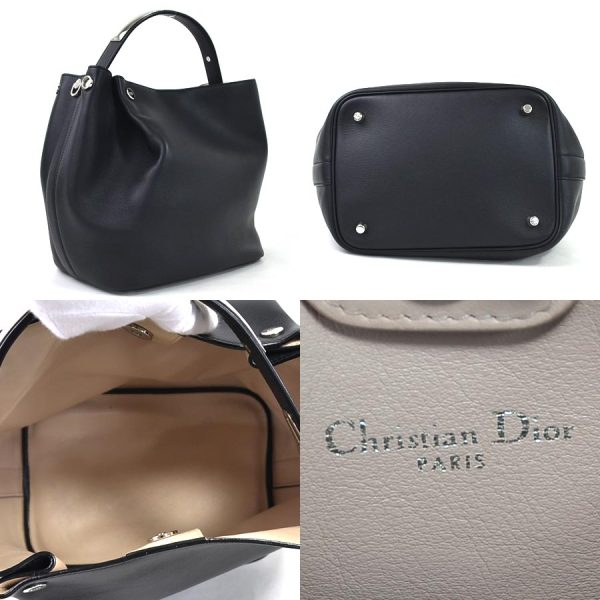 2 Christian Dior Handbag Shoulder Bag 2way Black Leather Silver