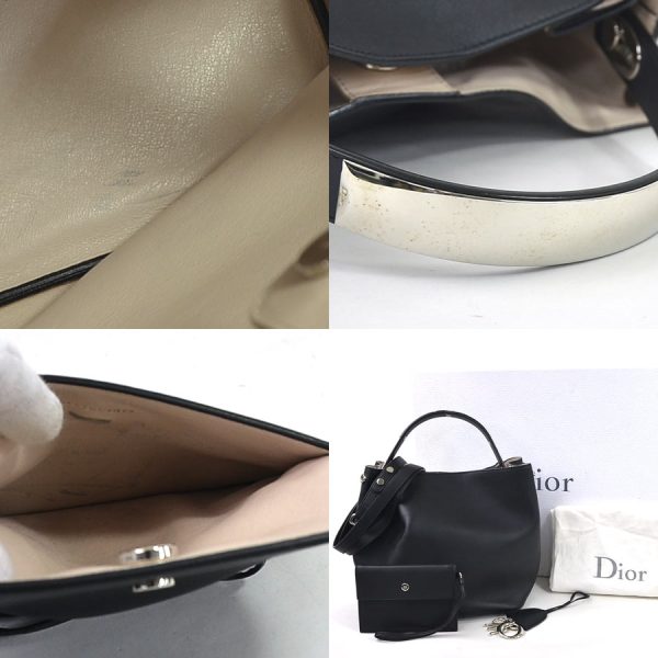 3 Christian Dior Handbag Shoulder Bag 2way Black Leather Silver