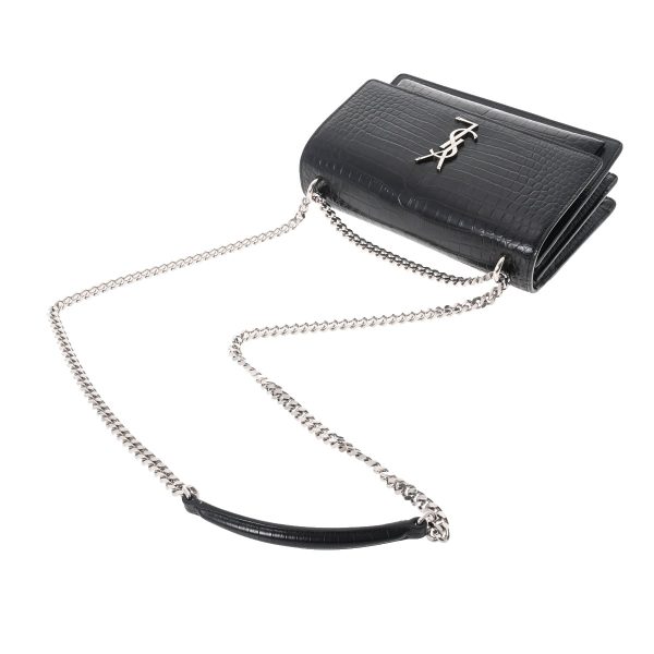 3 Saint Laurent Chain Silver Hardware Embossed Shoulder Bag Black