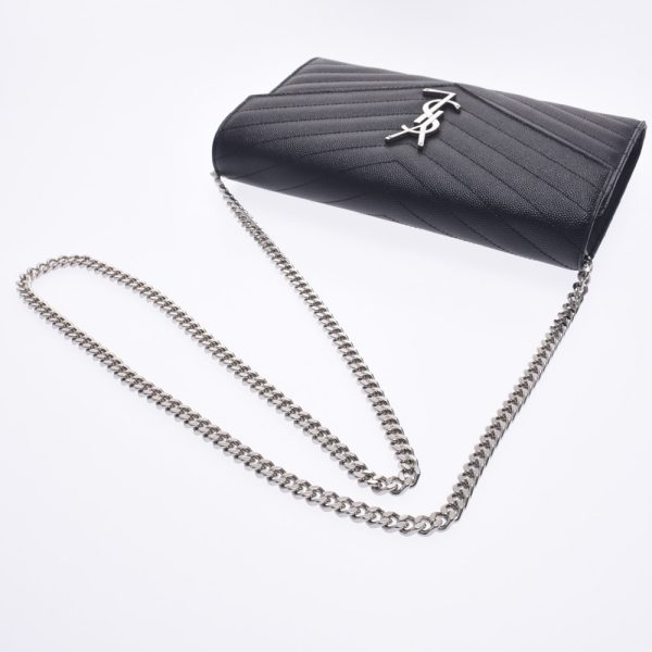 3 Saint Laurent Chain Wallet Silver Hardware Calf Shoulder Bag Black