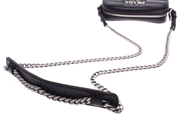 3 Prada Chain Shoulder Bag Silver Metal Fittings Calf Black