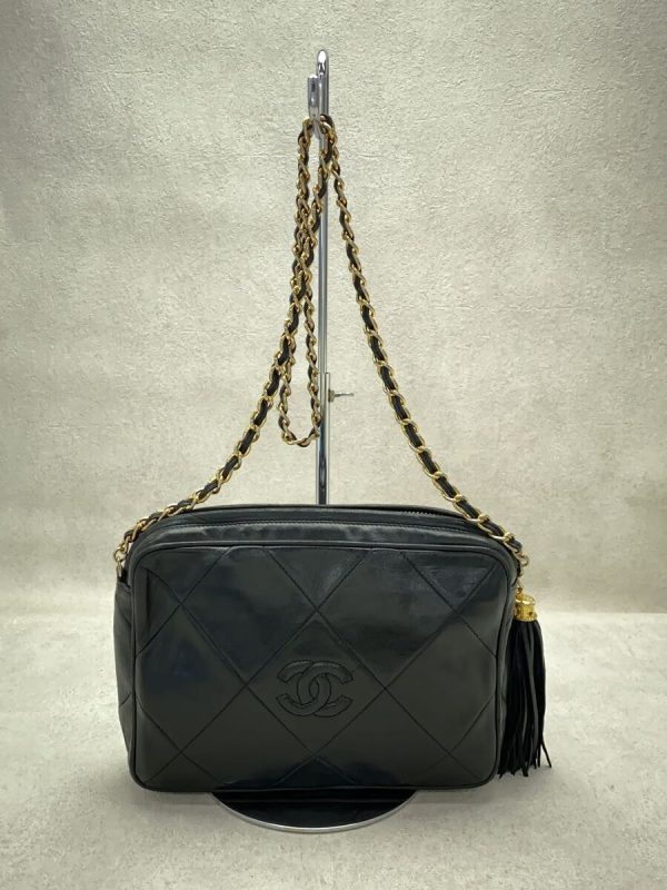 3 Chanel Shoulder Bag Tassel Leather Black