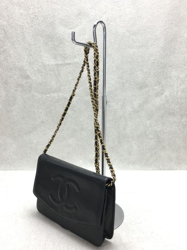 3 Chanel Caviar Skin Chain Wallet Leather Black