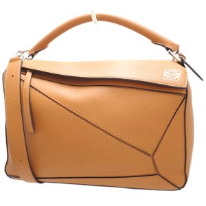 40802067423 1 Loewe Puzzle Bag Medium Handbag 2way Shoulder Leather Tan Brown Silver Hardware