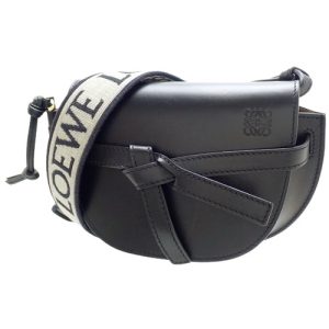 40802074804 1 Loewe Gatedual Mini Shoulder Bag Crossbody Ribbon Soft Calf Jacquard Black Gold Hardware