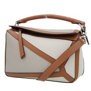 40802075796 1 Loewe Small Handbag Shoulder 2way Crossbody Calf Brown White Light Gray Silver Hardware
