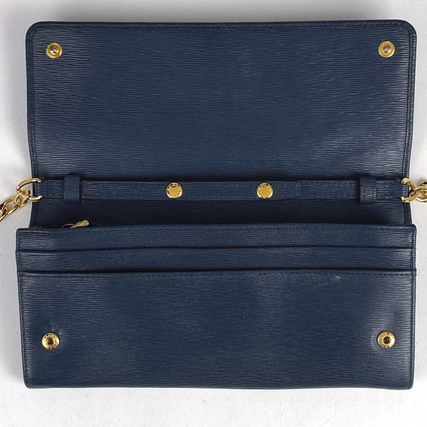 7 Prada Logo Bifold 2way Chain Wallet Shoulder Bag Long Wallet Leather Blue