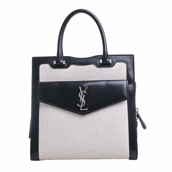 b5023396200000296 1 Saint Laurent Leather Canvas Small 2way Handbag Black Ivory